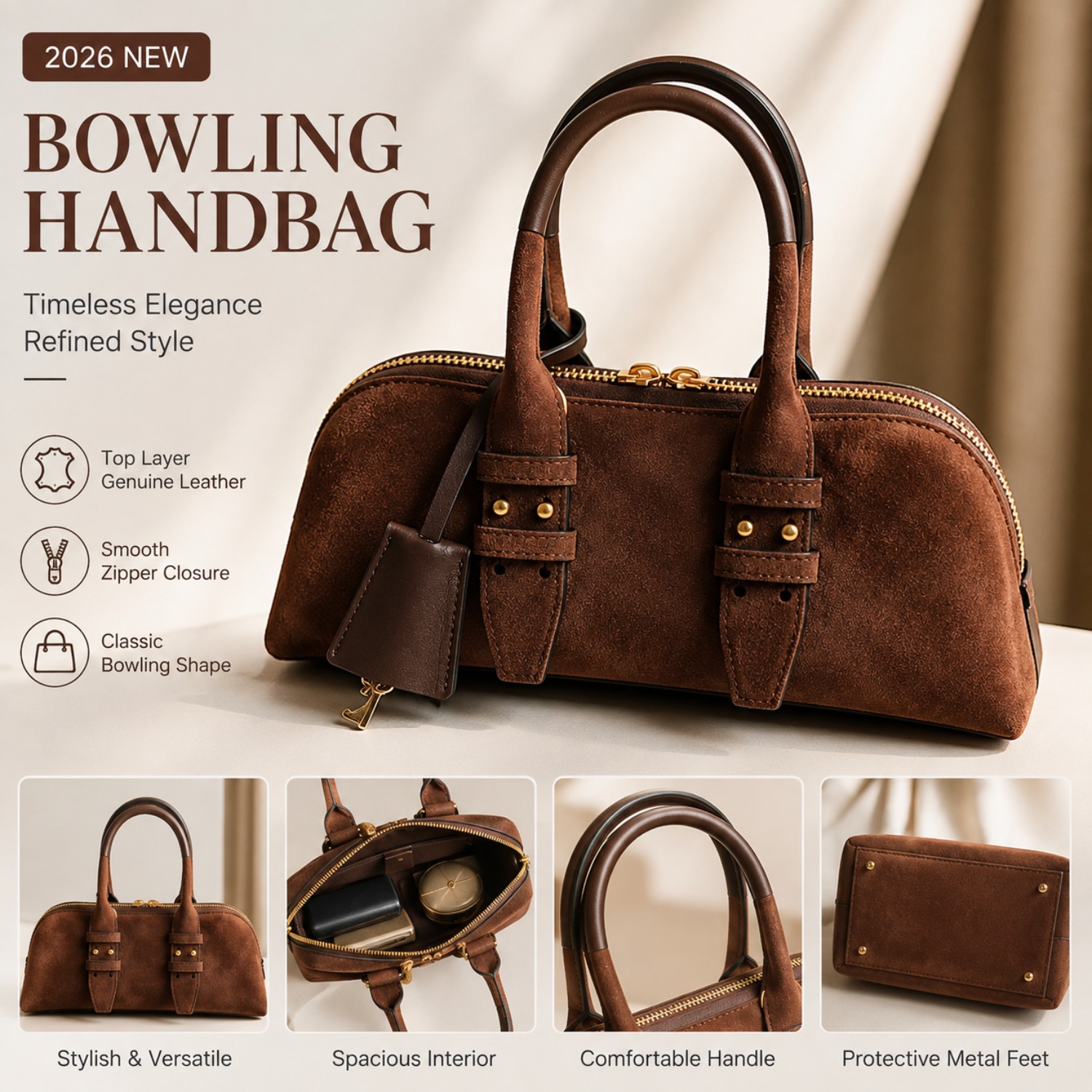 Top Handle Structured - Bolso de bolos de cuero genuino